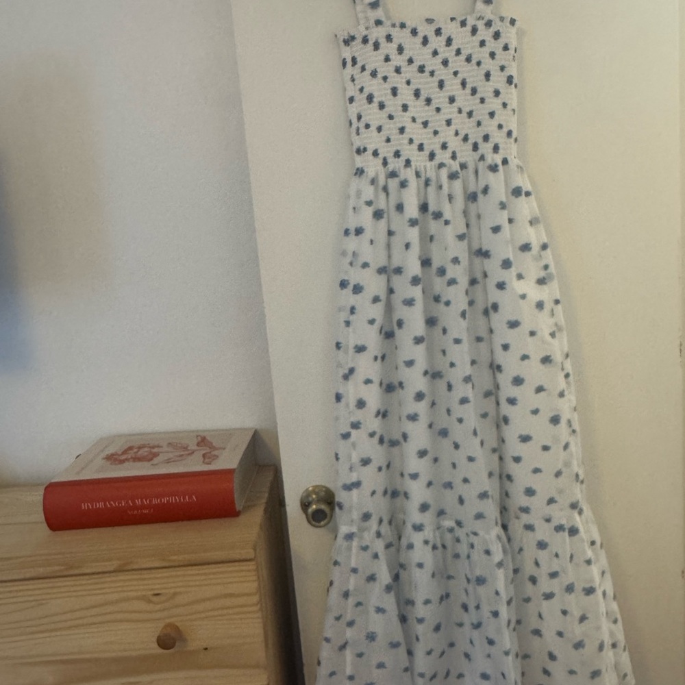 White and Blue Floral Smocked Midi Dress